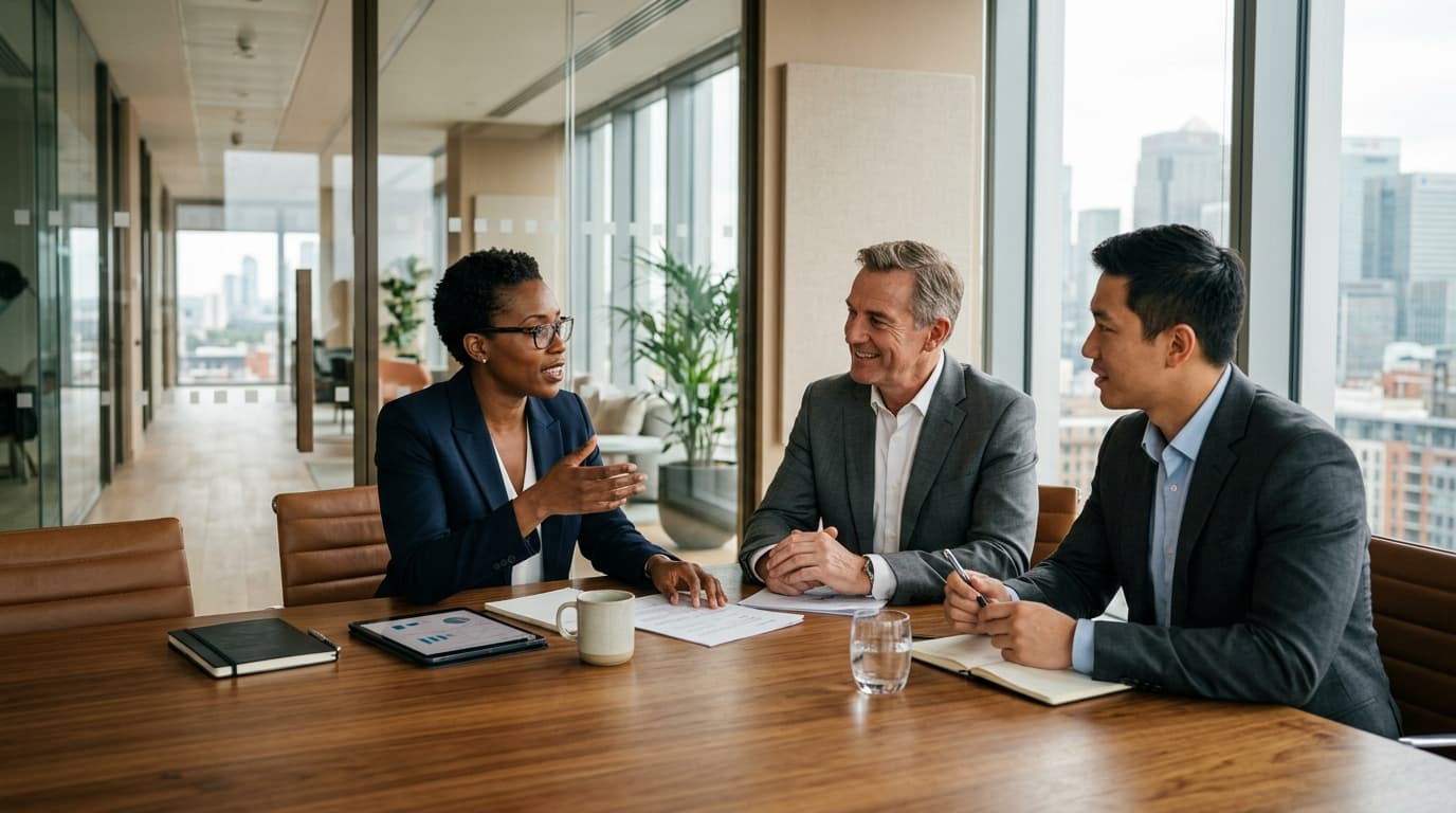 A highly realistic photograph of diverse professionals having an engaging conversation in a bright, high-end corporate boardroom