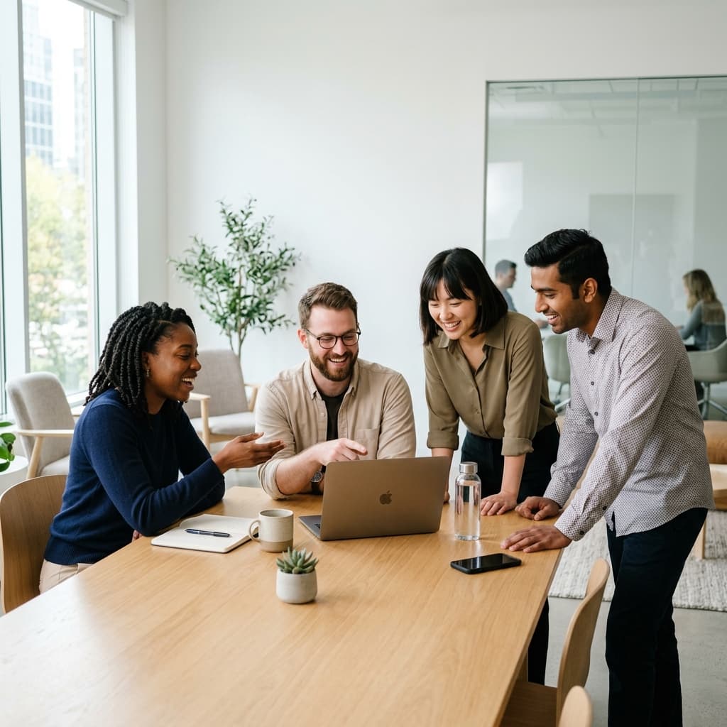 Teammates collaborating over a laptop in a bright, modern enterprise workspace