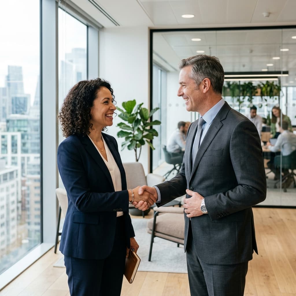 Business partners shaking hands in a bright modern office