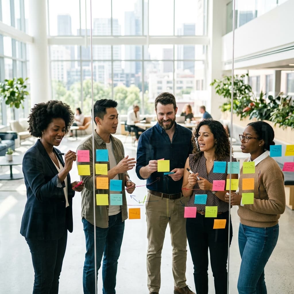 Diverse team brainstorming with sticky notes on a glass wall in a bright modern workspace