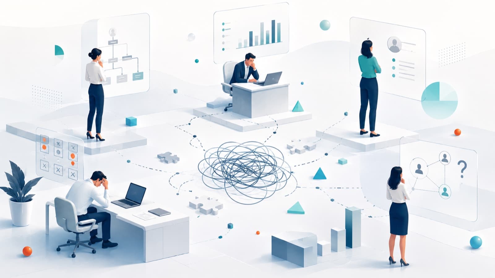 Editorial illustration of scattered, disconnected AI efforts before a structured HR capability program