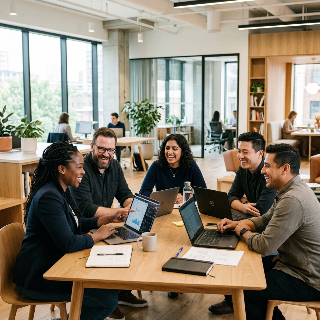 Diverse team laughing and collaborating in a modern office