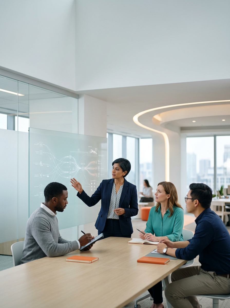 A photorealistic image of a diverse team collaborating around an AI strategy pathway